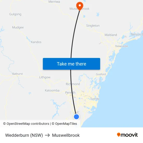 Wedderburn (NSW) to Muswellbrook map