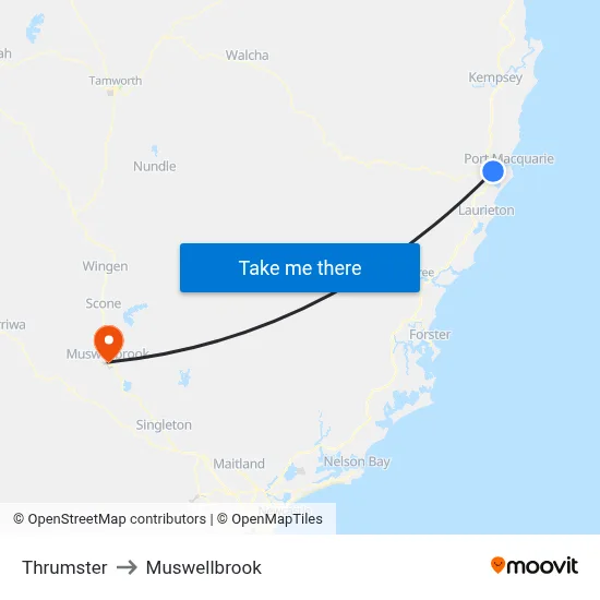 Thrumster to Muswellbrook map