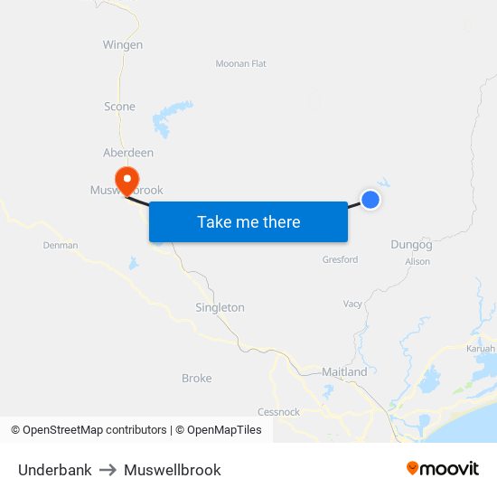 Underbank to Muswellbrook map