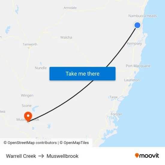 Warrell Creek to Muswellbrook map