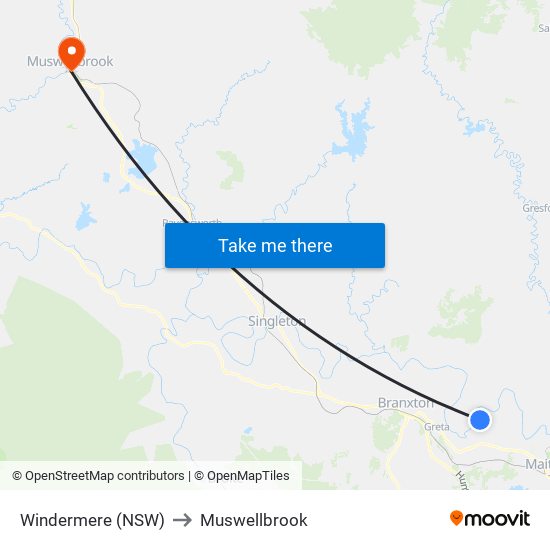 Windermere (NSW) to Muswellbrook map