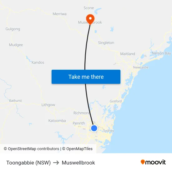 Toongabbie (NSW) to Muswellbrook map