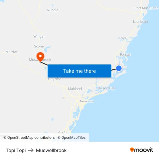 Topi Topi to Muswellbrook map