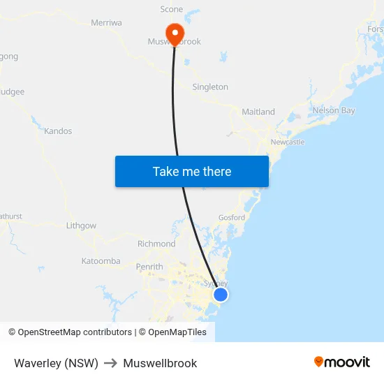 Waverley (NSW) to Muswellbrook map