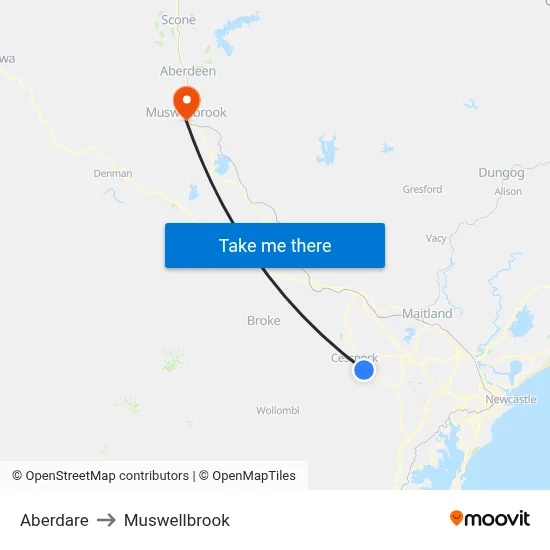 Aberdare to Muswellbrook map