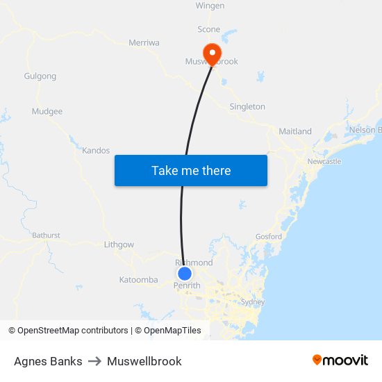 Agnes Banks to Muswellbrook map