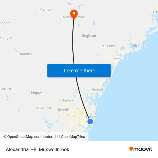 Alexandria to Muswellbrook map