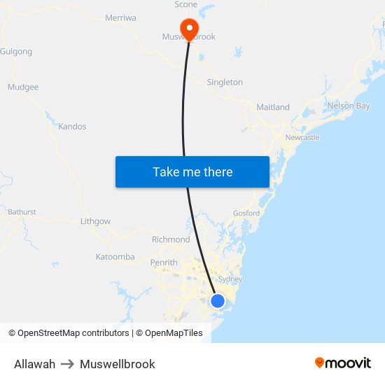 Allawah to Muswellbrook map