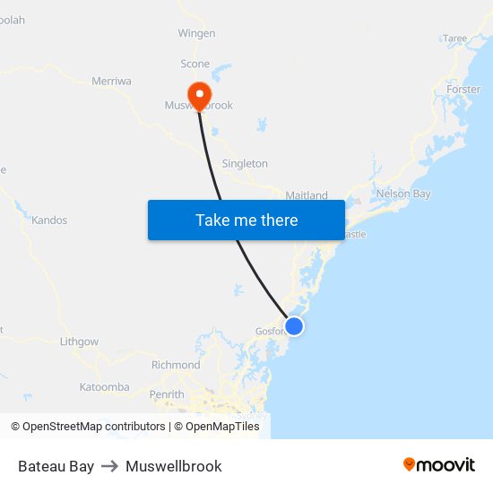 Bateau Bay to Muswellbrook map