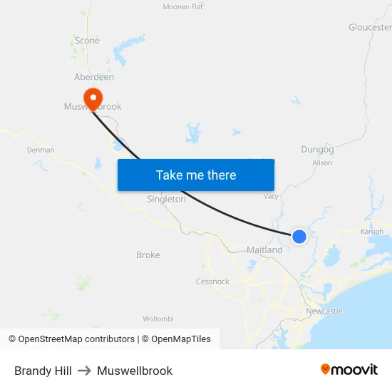 Brandy Hill to Muswellbrook map
