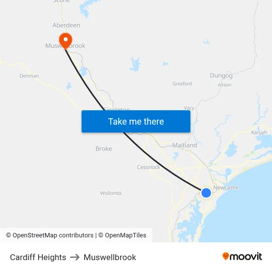 Cardiff Heights to Muswellbrook map