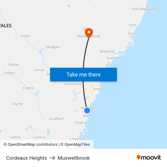 Cordeaux Heights to Muswellbrook map