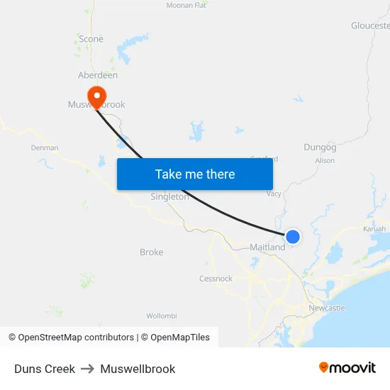 Duns Creek to Muswellbrook map