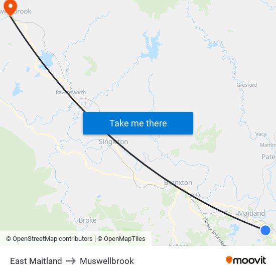 East Maitland to Muswellbrook map