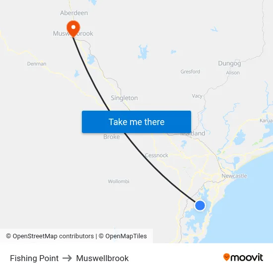 Fishing Point to Muswellbrook map