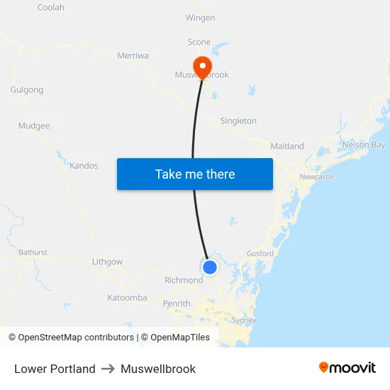 Lower Portland to Muswellbrook map