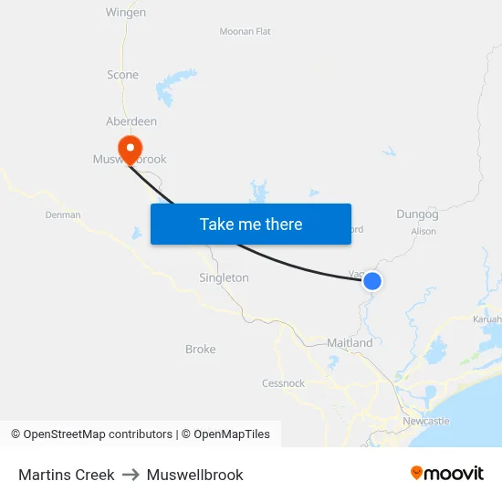 Martins Creek to Muswellbrook map