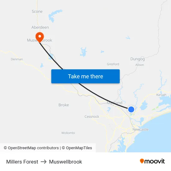 Millers Forest to Muswellbrook map