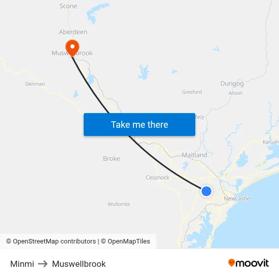 Minmi to Muswellbrook map