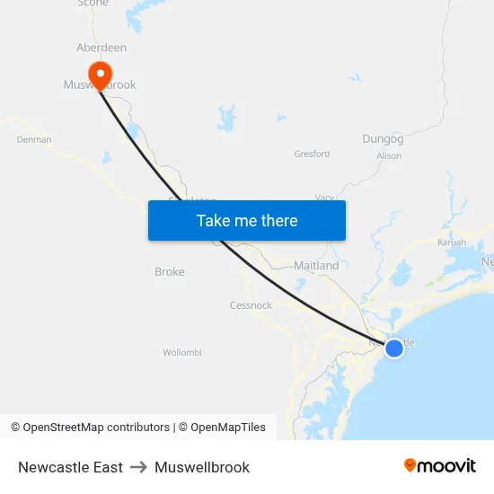 Newcastle East to Muswellbrook map