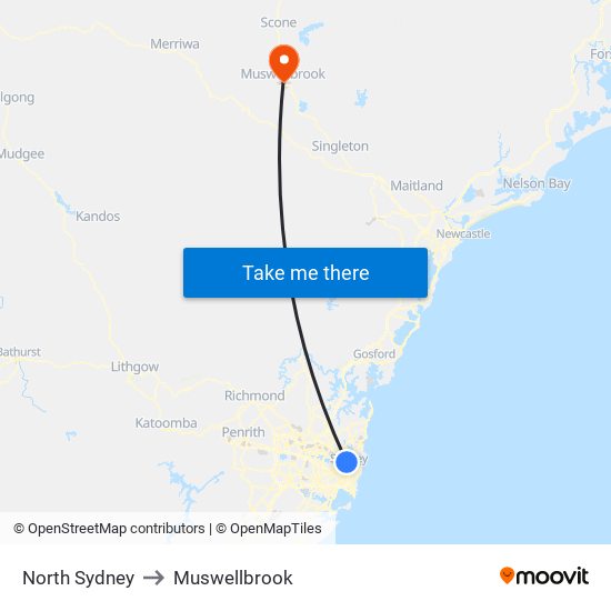 North Sydney to Muswellbrook map