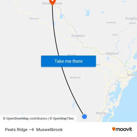 Peats Ridge to Muswellbrook map