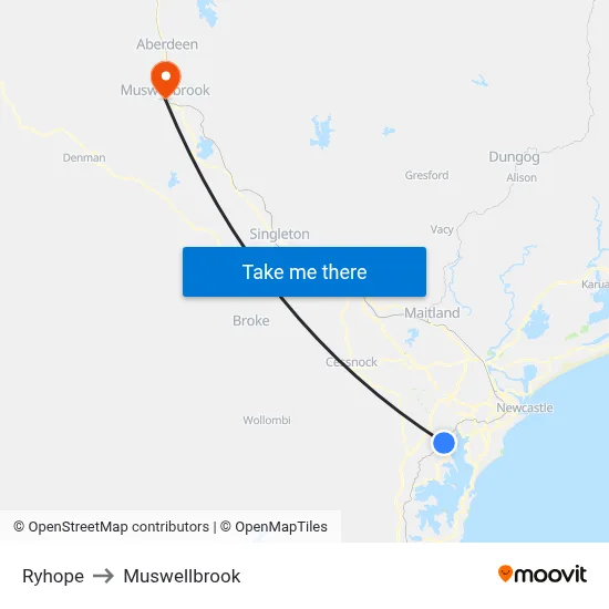 Ryhope to Muswellbrook map