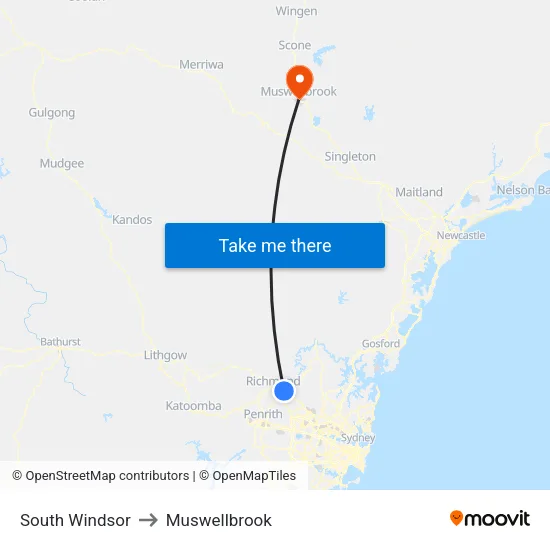 South Windsor to Muswellbrook map