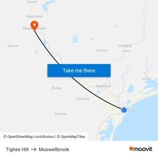 Tighes Hill to Muswellbrook map