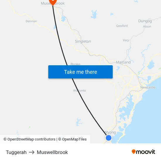 Tuggerah to Muswellbrook map