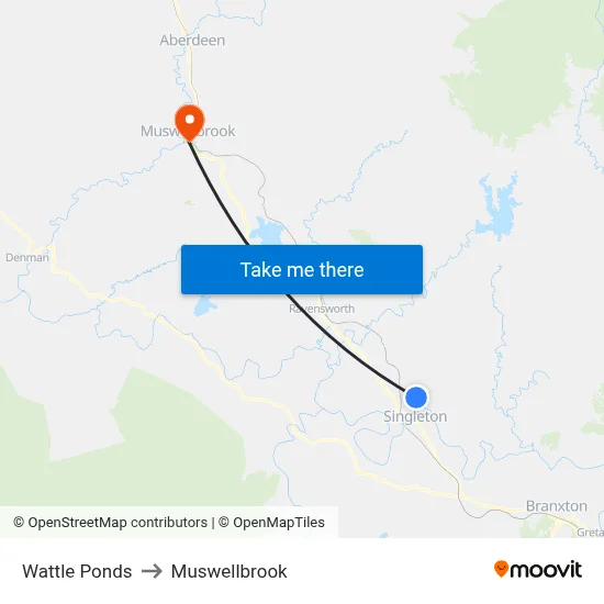 Wattle Ponds to Muswellbrook map