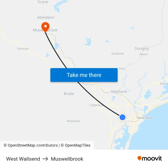 West Wallsend to Muswellbrook map