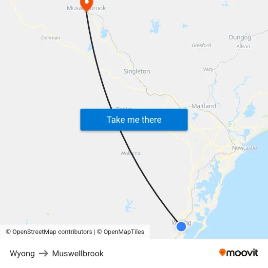 Wyong to Muswellbrook map