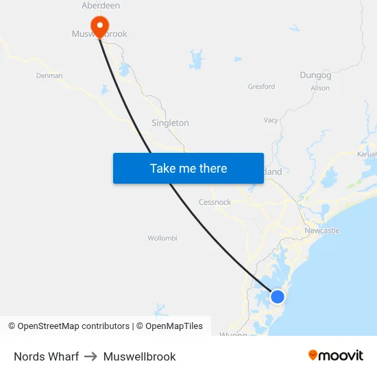 Nords Wharf to Muswellbrook map