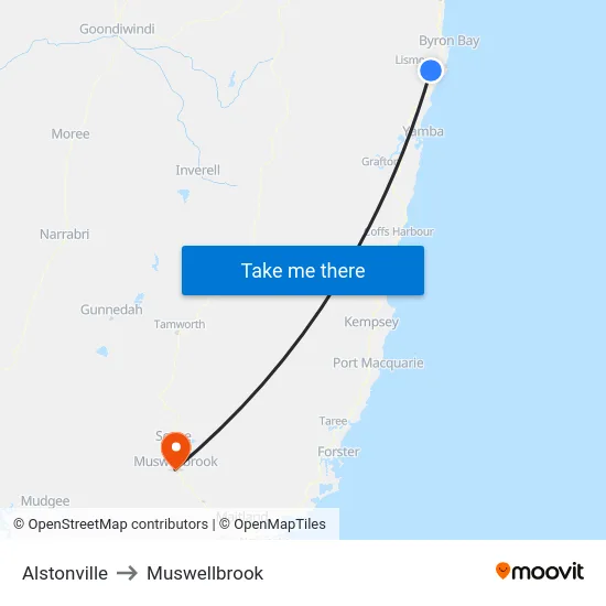 Alstonville to Muswellbrook map