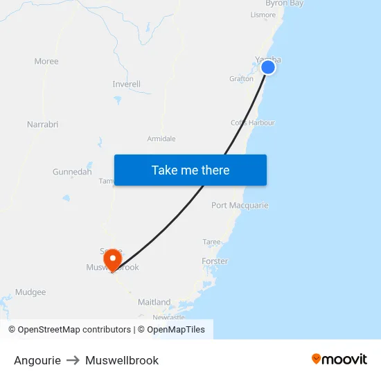 Angourie to Muswellbrook map