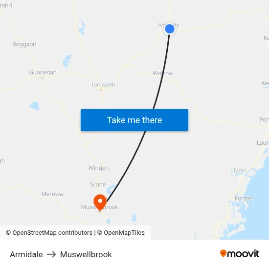 Armidale to Muswellbrook map