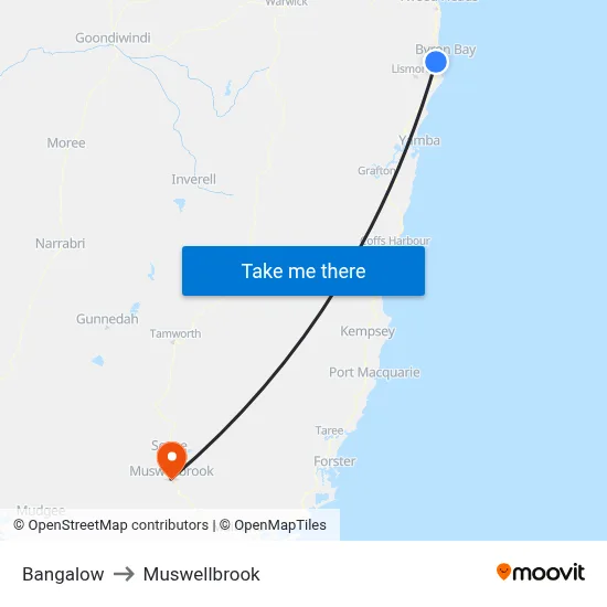 Bangalow to Muswellbrook map