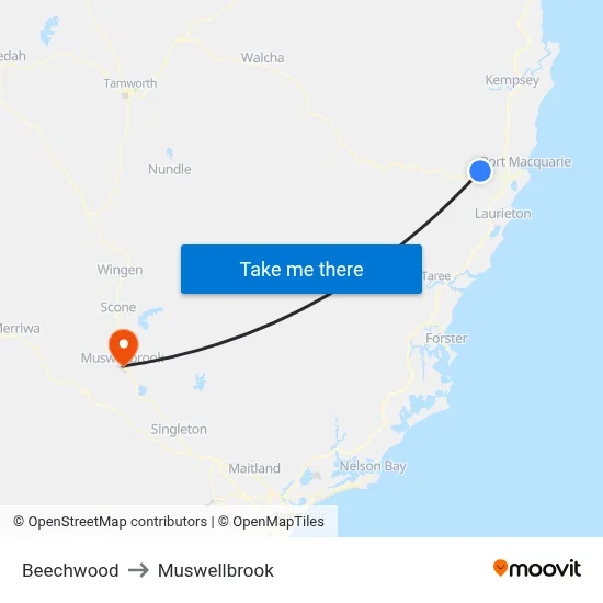 Beechwood to Muswellbrook map