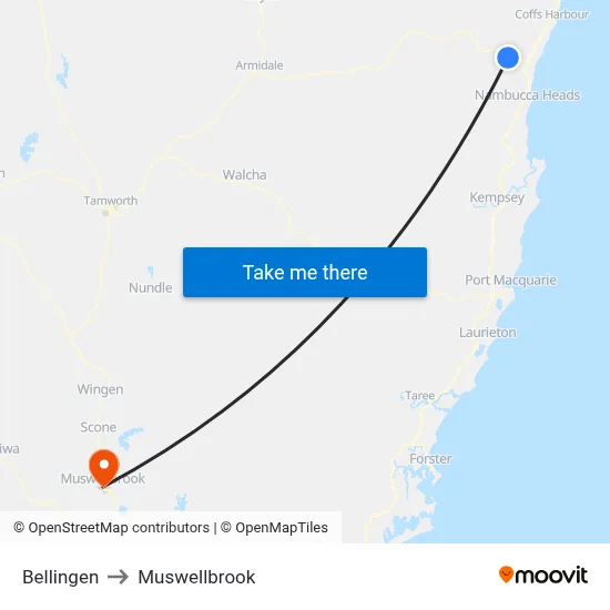 Bellingen to Muswellbrook map