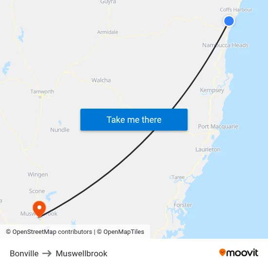 Bonville to Muswellbrook map