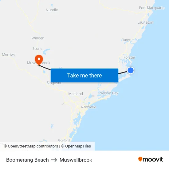 Boomerang Beach to Muswellbrook map