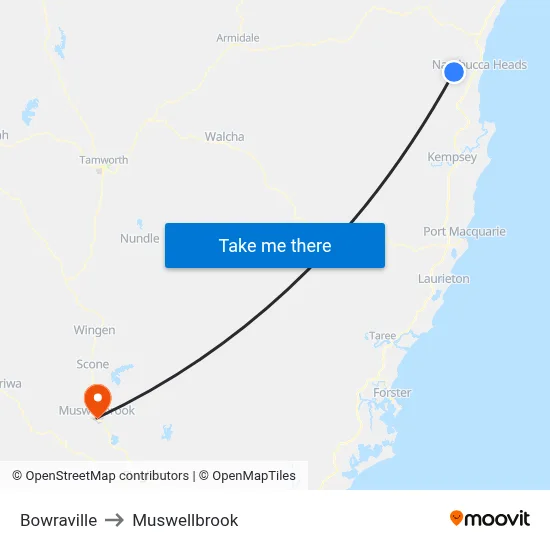Bowraville to Muswellbrook map