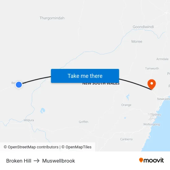 Broken Hill to Muswellbrook map