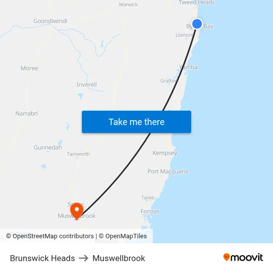 Brunswick Heads to Muswellbrook map