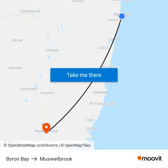 Byron Bay to Muswellbrook map