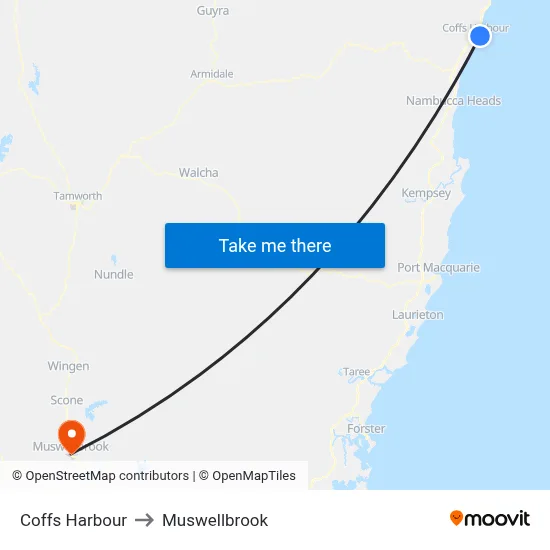 Coffs Harbour to Muswellbrook map