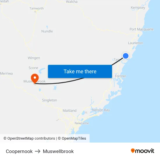 Coopernook to Muswellbrook map