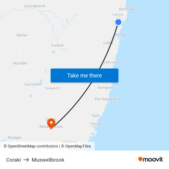 Coraki to Muswellbrook map