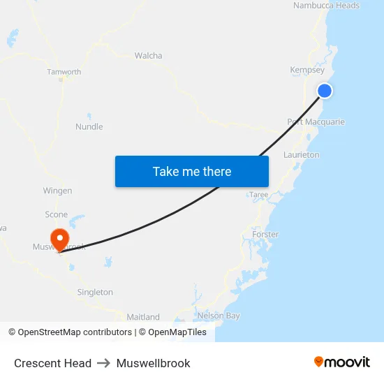 Crescent Head to Muswellbrook map